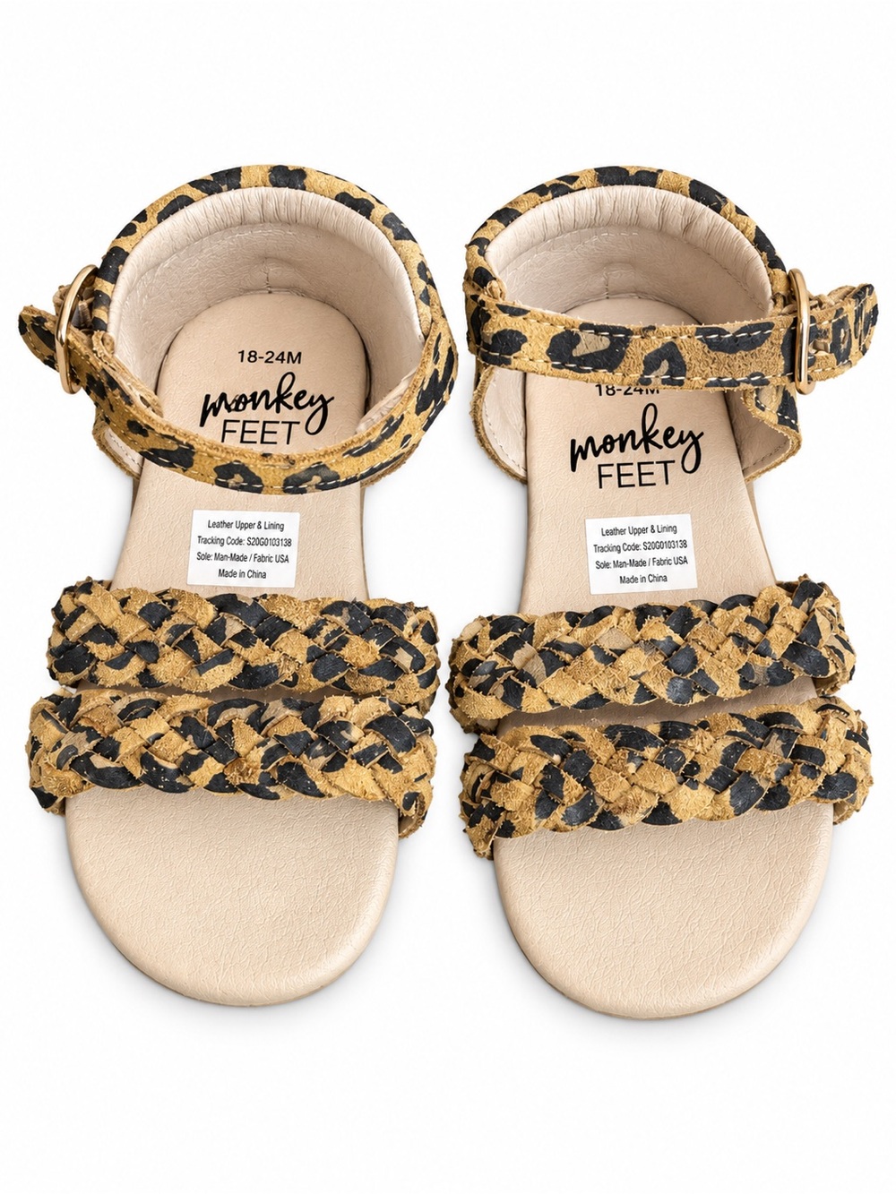 Monkey Feet Toddler Leopard Braided Sandals in Tan and Black